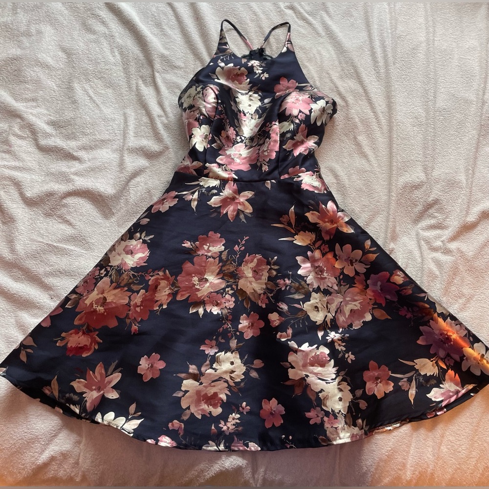B.SMART Sleeveless Halter Type Short Fit & Flare Floral Blue Lace Back Dress